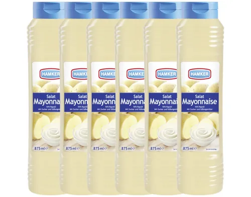 HAMKER Salat Mayonnaise 875 ml – cremig & würzig im 6er Pack - Cremige Salat Mayonnaise mit 50% Rapsöl für den perfekten Geschmack. Ideal zum Verfeinern von Salaten und Dips. Praktischer 6er Pack für Familien und Feiern.