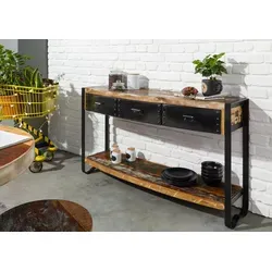 Industrial Altholz Konsolentisch - Massivholz Anrichte im Used Look - Tisch- & Stuhl-Sets: Einzigartiger Konsolentisch aus 60% wiederverwertetem Altholz mit Eisenschubladen und Nietenverzierungen, ideal für ein stilvolles Esszimmer.
