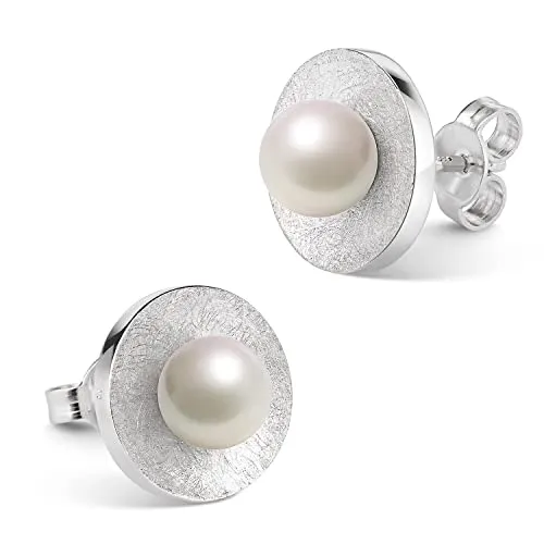 MATERIA Große Damen Ohrstecker Perlen Silber 925 - Elegante Ohrringe aus 925 Sterling Silber mit mattierter Oberfläche und Muschelkernperlen. Ideal für jeden Anlass, geliefert in einer ansprechenden Geschenkbox.