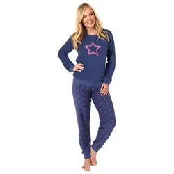 RELAX by Normann Pyjama Damen Frottee Pyjama langarm Schlafanzug mit Bündchen + Sterne Optik blau 44/46