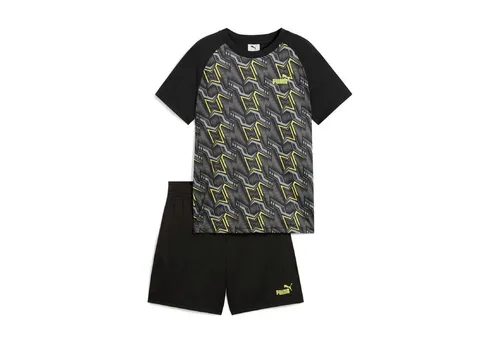 PUMA Jungen TAD ESS Poly AOP Tee and Shorts Set B - Gestrickte Anzüge in PUMA Black - Rundhalsshirts für Jungen, stylisches T-Shirt und Shorts Set aus atmungsaktivem Material für optimalen Tragekomfort.
