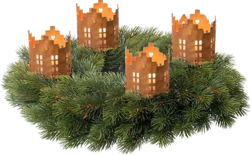 LB H&F Lilienburg Kerzenhalter Set - 4er Set Kerzenhalter in Hausform, ideal für individuelle Adventsgestecke. Verleihen Sie Ihrer Weihnachtsdekoration mit diesen hübschen Eisenhaltern in Rostoptik einen besonderen Charme.