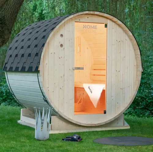 XXL Luxus Outdoor Fasssauna 191x220 cm mit 8 KW Saunaofen für 4 Personen