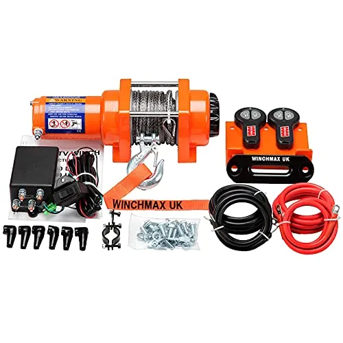 Winchmax 3000lb / 1361kg Original orange 12v elektrische Winde, 15,5m 5mm Dyneema SK75 Synthetikseil, 1/4 Zoll Gabelkopfhaken. Funkfernbedienungen mit Zwei Handsets