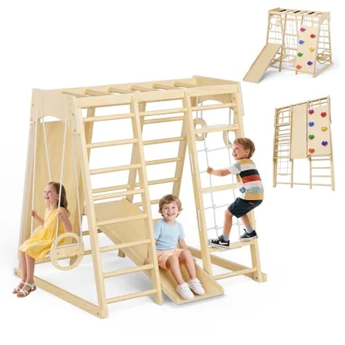 9-in-1-Klettergerüst für Kinder – Indoor-Spielplatz aus Holz mit Rutsche und Schaukel