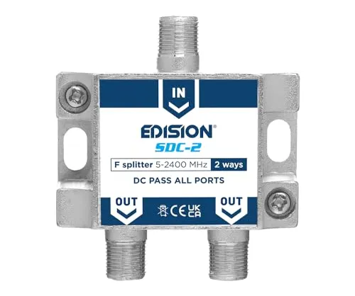 EDISION SDC-2 SAT-Verteiler Splitter 2-Fach geignet für TV, Satellit, Kabel-Fernseher, Radio, Unicable, Frequenzbereich 5-2400Mhz, DVB-S2, DVB-T2, DVB-C, DC Durchgang, 2-Wege