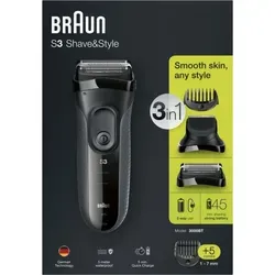 Braun 3000BT Series 3 schwarz - Rasier-Gerät mit 3-fach Schersystem, ideal für Nass- und Trockenbetrieb, bietet 45 Minuten Betriebsdauer und Schnelllade-Funktion für maximale Flexibilität.