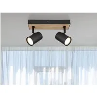 Globo Strahler Robby 2-flammig Schwarz matt - Eleganter 2-flammiger Deckenstrahler in Schwarz matt mit Holzoptik. Individuell wählbare GU10 Leuchtmittel für flexibles Lichtdesign und maximale Leistung bis 35 Watt.