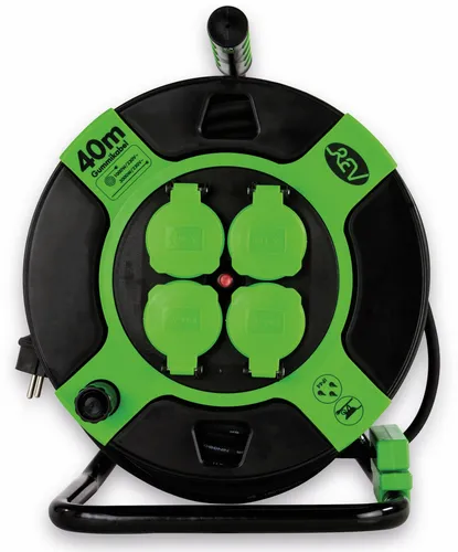 REV Kabeltrommel EX 40m - IP44, 3000W, Outdoor, 4 Steckdosen - Kabeltrommel für den Außenbereich mit 40m Kabellänge, 4 spritzwassergeschützten Steckdosen und Thermoschutz. Ideal für sichere Stromversorgung bei Outdoor-Aktivitäten.