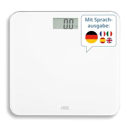 ADE Personenwaage digital mit Sprachausgabe - Digitale Waage mit XXL-Display und Sprachausgabe in 5 Sprachen, ideal für Senioren. Präzise Messung bis 250 kg, leicht ablesbar und benutzerfreundlich.