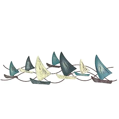 ETC dekorative Wanddeko maritimes Wandobjekt aus Metall Motiv Segelboote grau-weiß-blau shabby Optik ca. 74 cm lang