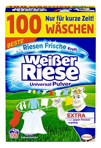 Weißer Riese Universal Pulver - Umweltfreundliches Waschmittel mit blumigem Duft - Waschmittel für strahlend weiße Wäsche mit 5-fach Flecklöser, bis zu 100 Waschladungen, energiesparend ab 20°C und mit angenehmem Duft.