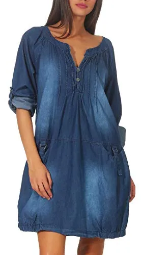 Malito Langarm Jeanskleid Damen – Unisize Maxikleid für Alltag und Trend - Freizeitkleid für Damen, mit zwei praktischen Taschen und in angenehmer 100% Baumwolle – perfekt für jeden Anlass!
