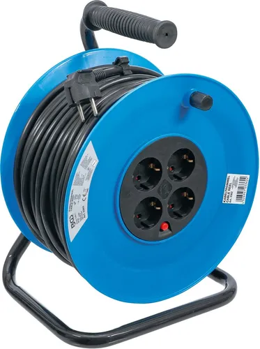 Kabeltrommel 50 m mit 4 Steckdosen - Kabeltrommel für Innen- und kurzfristige Außennutzung, mit Thermo-Schutzschalter für Sicherheit und spritzwassergeschützt.