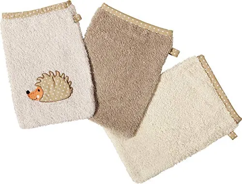 Erwin Müller Walk-Frottier Kinder-Waschhandschuh mit Igel-Motiv, 3er-Pack Natur Größe 15x21 cm - kuschelig weich, besonders schnell trocknend und saugstark