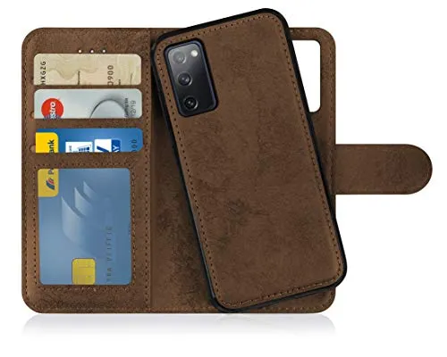 MyGadget Flip Case für Samsung Galaxy S20 FE - [ abnehmbare Magnet Hülle ] - Handyhülle aus Kunstleder - [ Klapphülle mit Kartenfach ] Schutzhülle in Braun