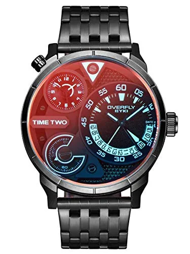 Alienwork Herren Armbanduhr Schwarz Edelstahl mit Kalender und Multi-Zeitzonen