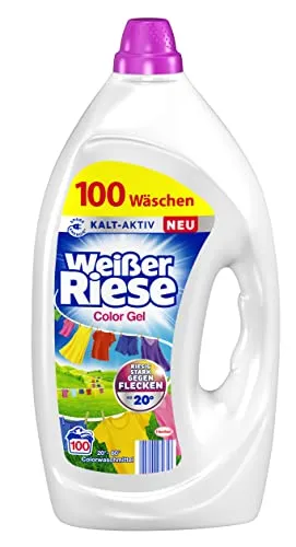 Weißer-Riese Waschmittel Color Gel, 4,5L, 100 Waschladungen - Waschmittel für Buntwäsche mit Kalt-Aktiv Formel, entfernt hartnäckige Flecken und sorgt für strahlende Farben bei niedrigen Temperaturen. Nachhaltig verpackt und mit angenehmem Duft.