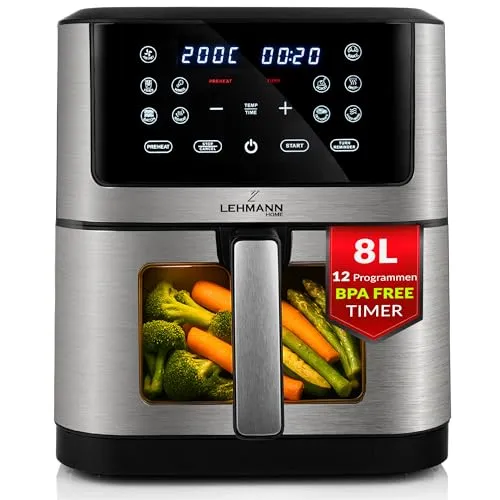 Lehmann Heißluftfritteuse LHODF-1880B XXL 8 Liter - Heißluftfritteuse mit 1800 W für fettfreies Frittieren, 10 Programme und 8 Liter Kapazität – perfekt für gesunde, knusprige Gerichte für die ganze Familie.