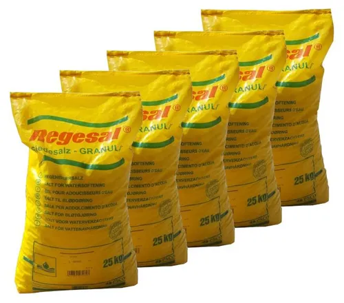 Regesal Regeneriersalz 5x25kg - Wasserenthärtung - Ideal für Wasserenthärtungsanlagen, 125 Salztabletten für optimale Wasserqualität, Hersteller K + S Kali, sorgt für weicheres Wasser und schont Ihre Haushaltsgeräte.
