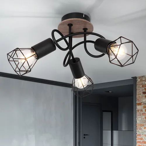 Vintage Deckenlampe 3-flammig mit beweglichen Spots - Lampen: Stilvolle Deckenlampe aus Metall und Holz, mit beweglichen 3 E14-Fassungen für individuelle Lichtgestaltung. Ideal für Wohnzimmer und moderne Innenräume.
