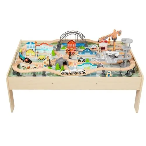 Amazon Basics 120-teiliges Eisenbahn-Set und Tisch, 120,4 x 85 x 41 cm, Verschiedene