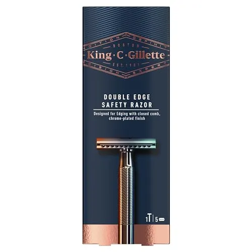 King C. Gillette Zweischneidiger Rasierhobel, platinbeschichtete Klingen, klassischer Rasierhobel für glatte Rasur, traditionelles Nassrasiermesser mit 5 Ersatzklingen für Männer