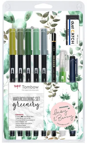 Tombow Watercoloring-Set 'Greenery' - 11-teilig - Schreibutensilien mit 11 hochwertigen Aquarellstiften in verschiedenen Grüntönen, ideal für kreative Kunstprojekte und Zeichnungen.