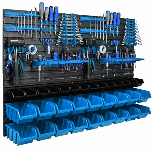 Lagersystem Wandregal 115x78cm, Werkzeughalterungen, 32 stck. Stapelboxen Schüttenregal Sichtlagerkästen, Extra Starke Wandplatten, Regal Erweiterbar, Werkstattregal Lagerregal Werkstattwandregal Ste