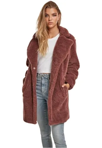 Urban Classics Damen Oversized Sherpa Coat - Rosa (Darkrose 01472), gerade Schnitt mit umgeschlagenem Revers und zwei großen Seitentaschen, ideal für den trendbewussten Look