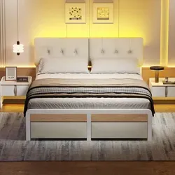 AODEMOKO Bett 140x200 cm, Metallbett Bettgestell mit LED-Beleuchtung und 2 Schubladen, Höhenverstellbares Kopfteil, Leinenstoff Weiß - Weiß