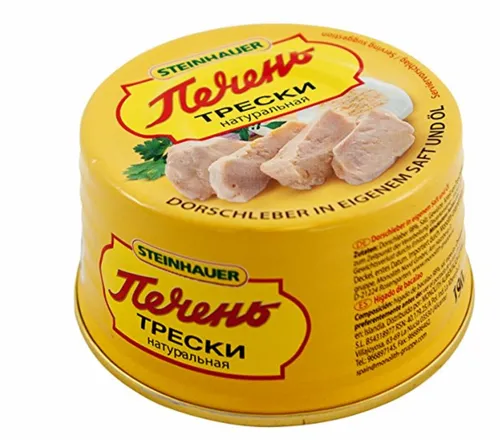 Steinhauer Dorschleber in eigenem Saft und Öl 190 g - Fisch- & Meeresfrüchtekonserven, hochwertige Dorschleber aus Island, zart im Geschmack und ideal für feine Vorspeisen.