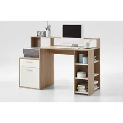 Schreibtisch BOLTON in Eiche Nachbildung-weiß - 138,5x91,6x53,5cm - Der Schreibtisch BOLTON vereint modernes Design mit praktischer Funktionalität. Mit großzügigem Stauraum durch Schublade und Einlegeböden ist er ideal für effizientes Arbeiten im Büro oder Home-Office.