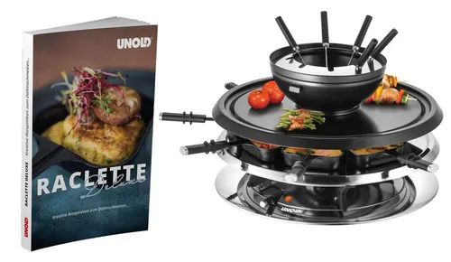 Unold Raclette Multi 4 in 1 - Vielseitiger Genuss für bis zu 8 Personen - Raclette für gesellige Abende: 4-in-1 Gerät mit Fonduetopf, Grillplatte und Naturstein für perfekte Zubereitung von Käse, Fleisch und Gemüse.