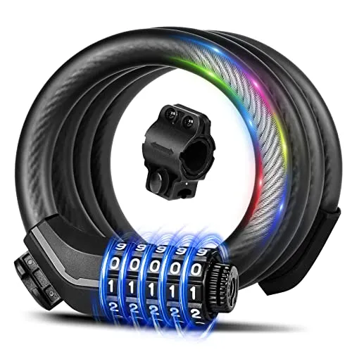 Keystp, Fahrradschloss mit Kabel aus bis zu 15 mm-Stahl, hohe Sicherheit, 5-stelliges, zurücksetzbares Zahlenschloss, diebstahlsicher, mit Halterung zur Befestigung am Fahrrad oder Roller (schwarz)