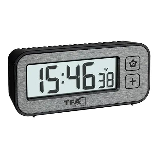 TFA Dostmann Funk Wecker digital mit Temperatur und Luftfeuchtigkeit Switch, 60.2522.10, mit Höchst- und Tiefstwerte, mit Weckalarm und Funkuhr, Reisewecker, klein, Nicht tickend, grau