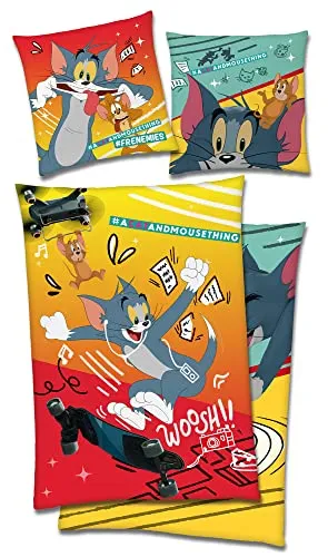 BERONAGE Tom & Jerry Kinder-Bettwäsche 135 x 200 cm - Bettwaren-Set für Kinder, aus 100% Baumwolle in Renforcé-Qualität, mit hautfreundlichem YKK-Reißverschluss für langlebigen Komfort und traumhafte Abenteuer im Kinderzimmer.