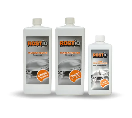 Rostio Tankentroster Set - 2x1 Liter Konzentrat + 500ml Schutzemulsion - Rostentferner Set für Tanks, entfernt Rost effektiv und schützt mit 500ml Emulsion. Ergibt 20 Liter Tankentroster für umfassende Anwendung.