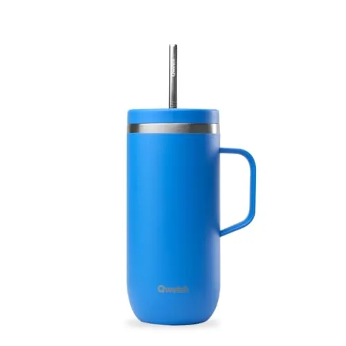 QWETCH – Cold Cup 600 ml mit Griff und Strohhalm – 24 h eisgekühlt und 12 h kalt – Blau – Thermobecher aus Edelstahl