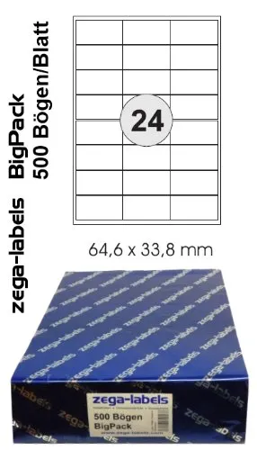12.000 Etiketten 64,6 x 33,8 mm selbstklebend auf DIN A4 Bögen (3x8 Etiketten) - 500 Blatt Bigpack - Universell für Laser/Inkjet/Kopierer/Farblaser einsetzbar