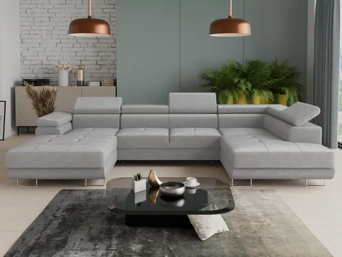 Wohnlandschaft Caris U mit Schlaffunktion - Ecksofa mit zwei Bettkästen und einstellbaren Kopfstützen, ideal für flexible Wohnräume und Übernachtungsgäste.
