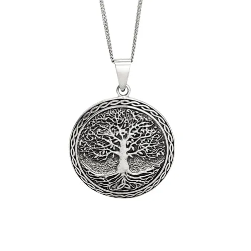 81stgeneration Große Medaillon-Halskette aus Sterlingsilber mit Keltischem Lebensbaum Unisex | Yggdrasil-Scheibenanhänger aus 925er Silber an 45,7cm Langer Panzerkette | Keltischer Knotenschmuck