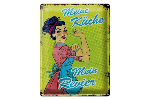 Femer GmbH Metallschild Spruch 30x40 cm Meine Küche mein Revier Retro, (1 St), gewölbte Oberfläche, abgerundete Ecken, umgeschlagene Kanten