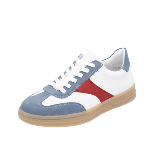 Remonte Damen Low Sneaker Blau Leder Größe: 42 - Sneaker aus blauem Leder mit verstärktem Zehen- und Fersenbereich für Stabilität. Gepolsterter Einstieg und herausnehmbares Fußbett für hohen Tragekomfort. Ideal für sportliche Looks und feminines Selbstbewusstsein.