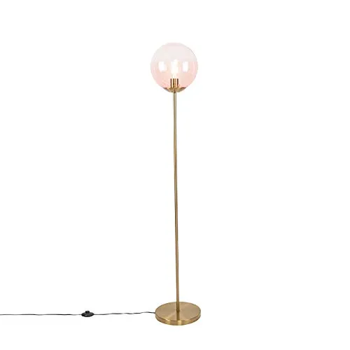 Qazqa Art Deco Stehlampe Messing mit rosa Glas - Pallon Mezzi - Elegante Stehlampe im Art Deco Stil mit E27-Fassung, ideal für Wohnzimmer und Schlafzimmer. Dimmbar für individuelle Lichtstimmung, sorgt für ein stilvolles Ambiente.