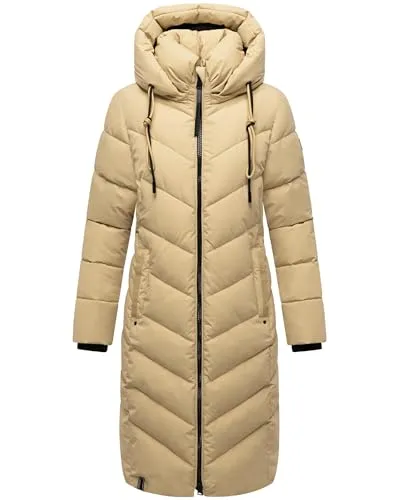 Navahoo Damen Wintermantel Warmer Langer Steppmantel mit Abnehmbarer Kapuze Sahnekatzii XIV Sand Gr. XS