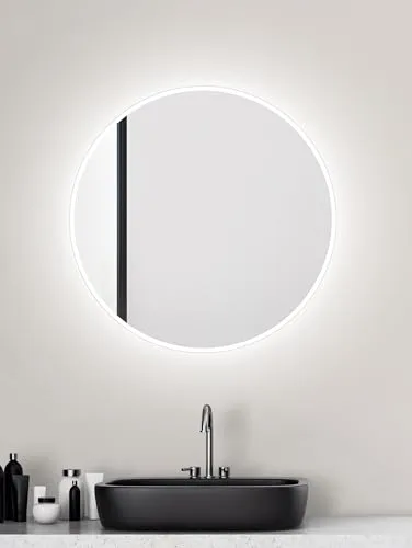 Badspiegel mit LED Beleuchtung - runder Badezimmerspiegel Ø 60 cm in Silber - Badezimmerspiegel mit integrierter LED-Beleuchtung für optimale Lichtverhältnisse, ideal für Ihr modernes Bad.