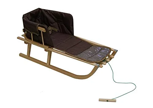 Holzschlitten für Kinder mit Rückenlehne Rodelschlitten Davoser Schlitten aus Holz mit einem Sicherheitsgurt, Rückenlehne und Winterfußsack (Natur/Braun Matratze)