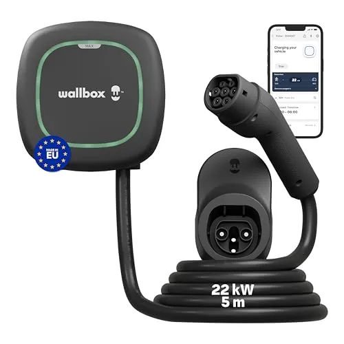 Wallbox Pulsar Max 22kW für Elektroauto, Ladegerät für EV/PHEV, 5m Kabel | Max 32Amp, Smart EV Ladegerät Typ 2 mit App, WiFi & Bluetooth, EV Charger