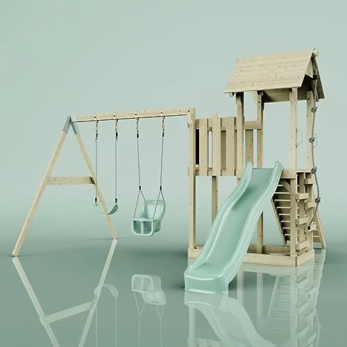 Rebo Spielturm mit Wellenrutsche und Schaukeln - Outdoor Klettergerüst für den Garten, bietet eine stabile Konstruktion mit stufenlos einstellbarem Schaukelhöhe und entspricht höchsten Sicherheitsstandards nach DIN EN 71.